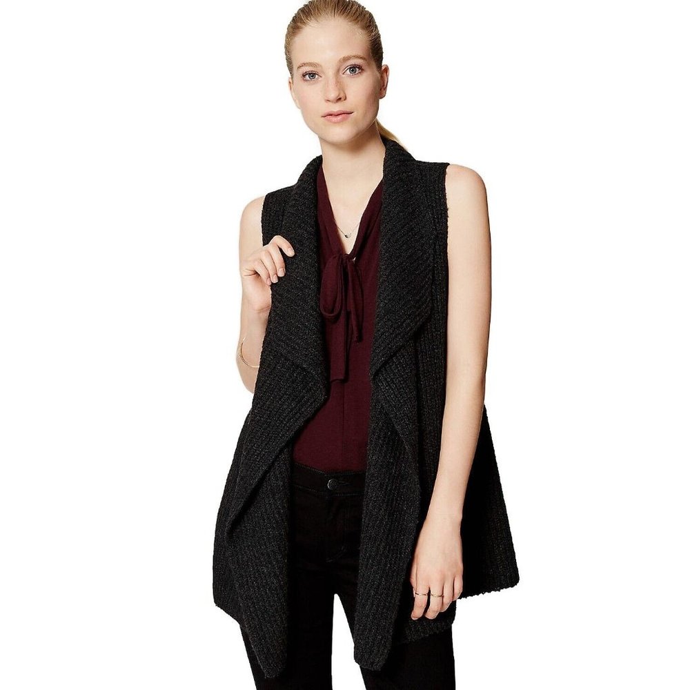 New LOFT Gray Ribbed Sweater Vest XS Open Front